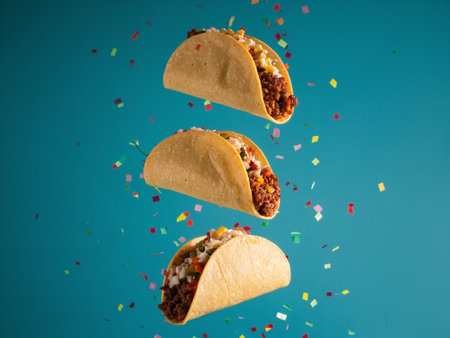 Colorful tacos floating with festive confetti on a vibrant background.の素材