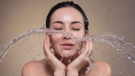 A serene woman of mixed descent enjoys a refreshing splash of water on her face, eyes closed.の素材