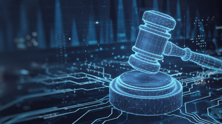 A digital gavel symbolizing justice and law in a modern, tech-driven world.の素材