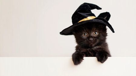 A cute black kitten wearing a wizard hat, peeking over a white surface, looking curious and playful.の素材