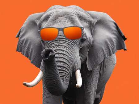 A playful elephant wearing sunglasses against a vibrant orange background.の素材