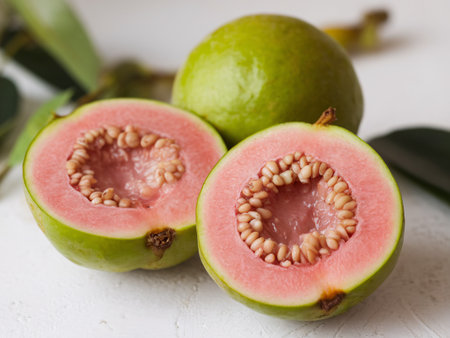 Fresh guava fruit, showcasing vibrant green skin and juicy pink flesh, sliced open to reveal seeds.の素材
