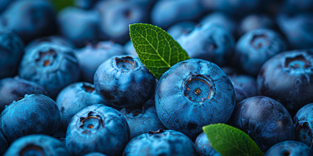 Fresh blueberries with vibrant green leaves, showcasing a rich blue hue and natural textures.の素材