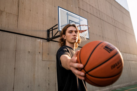 A young male athlete offers a basketball, showcasing focus and determination on a sunlit court.の素材