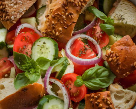 A colorful salad featuring fresh vegetables, herbs, and bread pieces, creating a vibrant and nutritious dish.の素材
