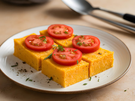 Delicious vegetarian dish featuring creamy polenta topped with fresh tomato slices and herbs.の素材