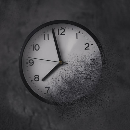 A black wall clock is partially disintegrating into dust, symbolizing the passage of time and impermanence.の素材