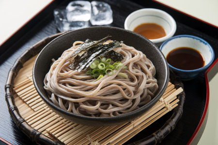 Delicious bowl of cold soba noodles garnished with green onions and seaweed.の素材