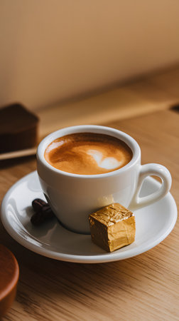 A cozy coffee moment with a cup of espresso topped with foam and a gold-wrapped sweet treat.の素材