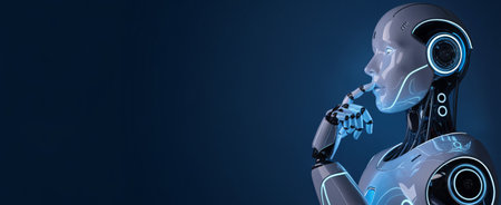 A contemplative humanoid robot with glowing blue accents, hinting at advanced technology and AI.の素材