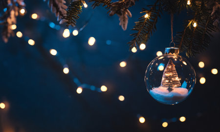 A glass ornament with a snowy tree hangs elegantly, surrounded by twinkling warm lights.の素材