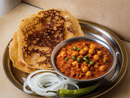 Delicious traditional vegetarian meal featuring chickpea curry and crispy flatbreads.の素材