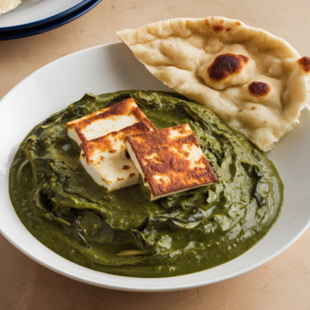 Delicious plate of palak paneer with naan, featuring vibrant greens and golden paneer cubes.の素材