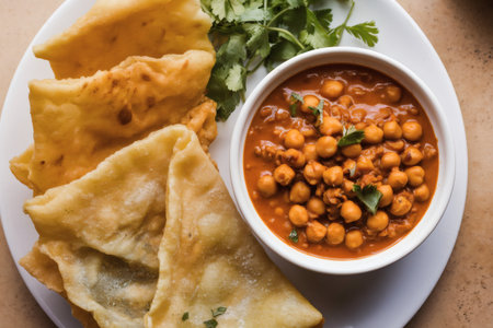 Colorful plate featuring crispy fried bread and flavorful chickpea curry, garnished with fresh herbs.の素材