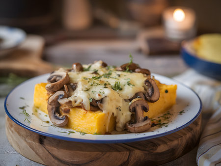 Delicious creamy polenta topped with mushrooms and cheese served on a rustic wooden board.の素材