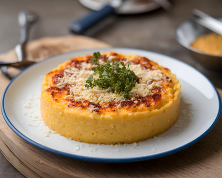 Deliciously baked polenta topped with herbs and cheese, served on a rustic wooden board.の素材