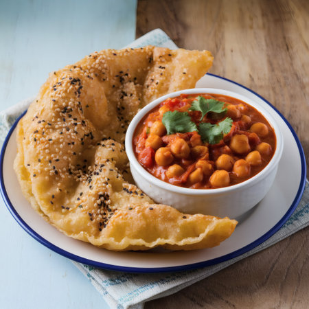 Delicious Indian meal featuring chickpea curry and a crispy fried bread on a wooden table.の素材