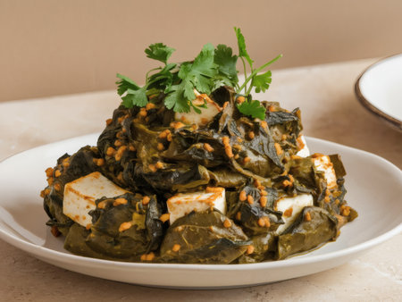 Delicious vegetarian dish with spinach and tofu, garnished with fresh cilantro.の素材