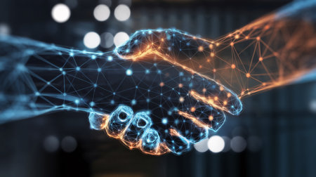 A digital handshake between two tech-inspired hands symbolizing collaboration and partnership.の素材