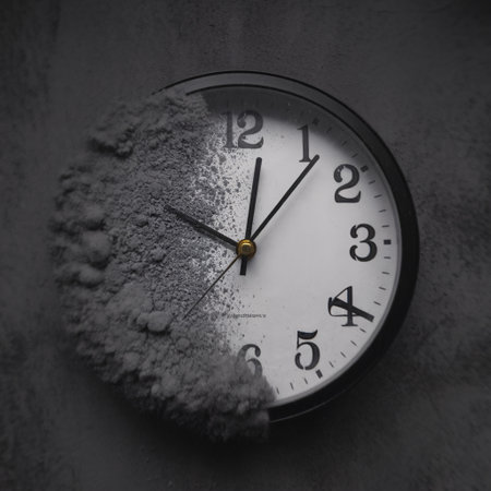 A clock partially covered in gray dust, symbolizing the passage of time and decay.の素材