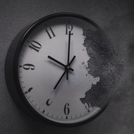 A surreal black clock on a textured wall, depicting time dissolving into particles, evoking contemplation.の素材