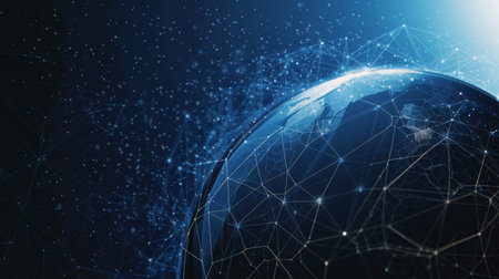 Abstract digital globe with interconnected lines against a cosmic backdrop of blue tones.の素材