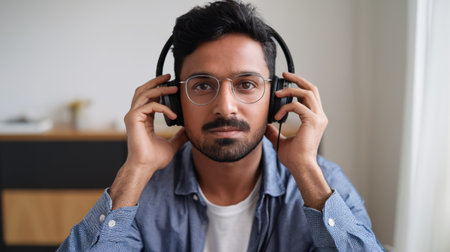 Young South Asian man wearing headphones, focused, listening to music in a bright room.の素材