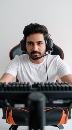 Male South Asian gamer focused on the screen, wearing headphones in a modern gaming chair.の素材