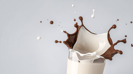 A vibrant splash of chocolate milk in a glass against a soft gray background.の素材