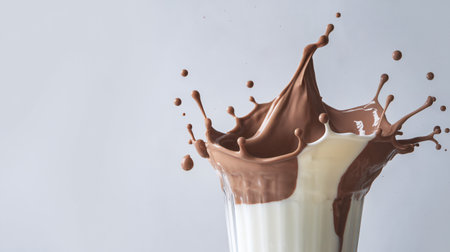 A dynamic splash of chocolate over white milk creates an eye-catching visual.の素材