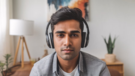 Young South Asian man wearing headphones, focused expression in a cozy indoor setting.の素材
