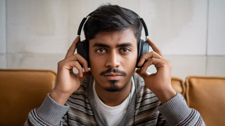 Young South Asian male listening to music with headphones, focused expression on a cozy couch.の素材