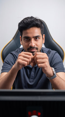 Focused South Asian male gamer engaged in competitive gameplay with intense expression.の素材