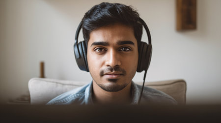 Young South Asian man with headphones focused on screen, creating an engaging atmosphere.の素材