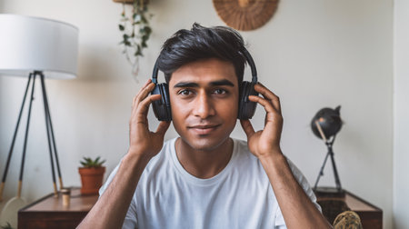 Young South Asian man enjoying music with headphones in a cozy indoor setting.の素材