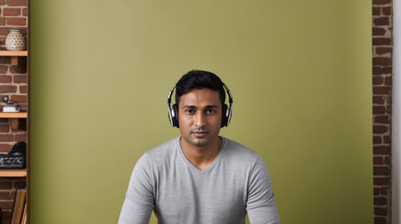 South Asian man wearing headphones, focused and calm, against a green backdrop.の素材
