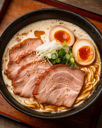Delicious ramen bowl featuring tender pork slices, soft-boiled eggs, and fresh green onions.の素材