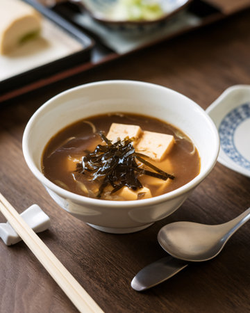 A warm bowl of savory tofu soup with seaweed, perfect for a cozy meal.の素材