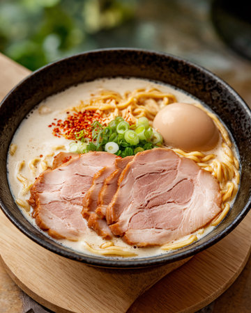 Delicious bowl of ramen with tender pork, egg, and fresh green onions, beautifully arranged.の素材
