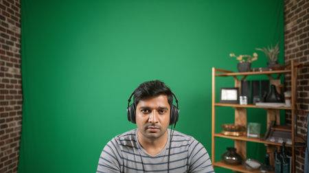 South Asian male in headphones, focused expression, against a vibrant green screen backdrop.の素材
