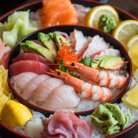 Colorful sushi platter featuring a variety of fresh seafood, vibrant vegetables, and garnishes.の素材