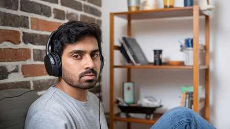 Man of South Asian descent wearing headphones, relaxing on a couch in a cozy setting.の素材