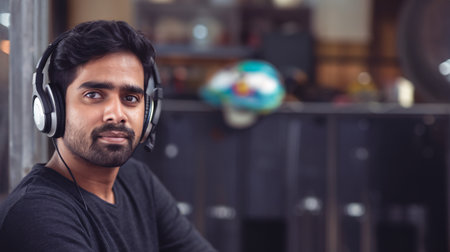 Young South Asian man wearing headphones, smiling confidently while sitting indoors.の素材