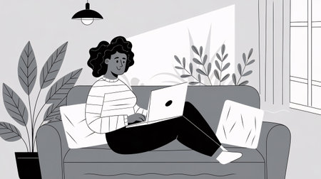A smiling Black woman works on a laptop while relaxing on her sofa surrounded by indoor plants.の素材