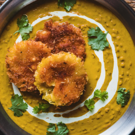 Deep-fried potato patties served on a vibrant lentil curry with fresh herbs.の素材