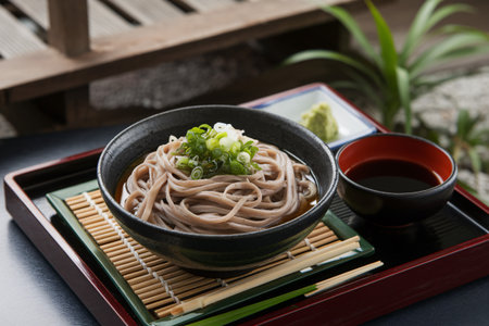 A bowl of delicious soba noodles topped with green onions, served with wasabi on the side.の素材