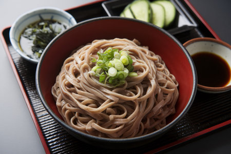 Delicious bowl of soba noodles garnished with green onions and served with cucumber slices.の素材