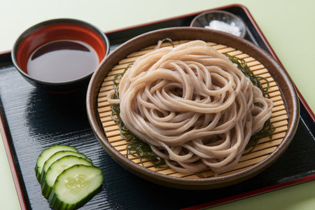 Delicious plate of cold soba noodles garnished with cucumber slices and dipping sauce.の素材