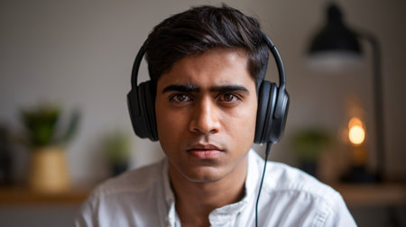 Young South Asian man wearing headphones, focused and engaged in a creative setting.の素材