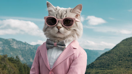 A stylish cat wearing sunglasses and a pink suit poses confidently against a scenic mountain backdrop.の素材